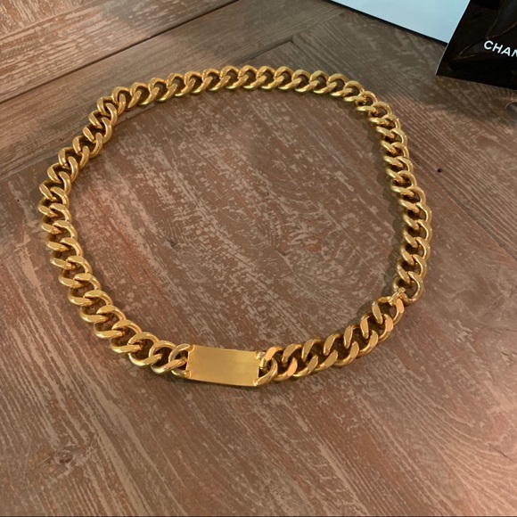 CHANEL 24k Flash Gold Plated Logo ID Necklace Curb Chain Unisex - Picture 4 of 12